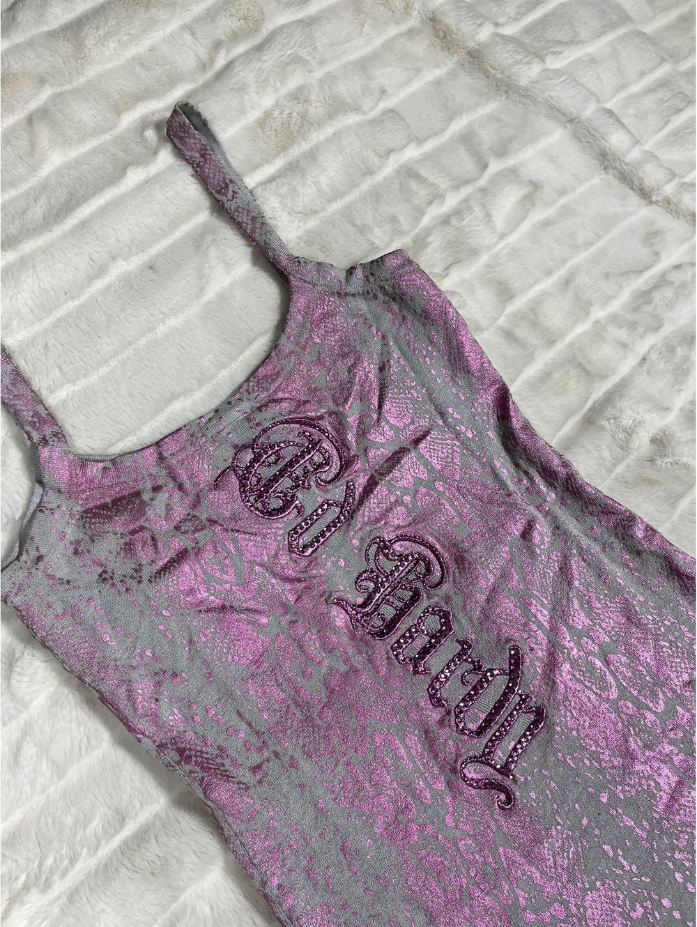 Y2K VTG Ed Hardy M Grey Pink Metallic Snakeskin Tunic Embroider Rhinestone Tank